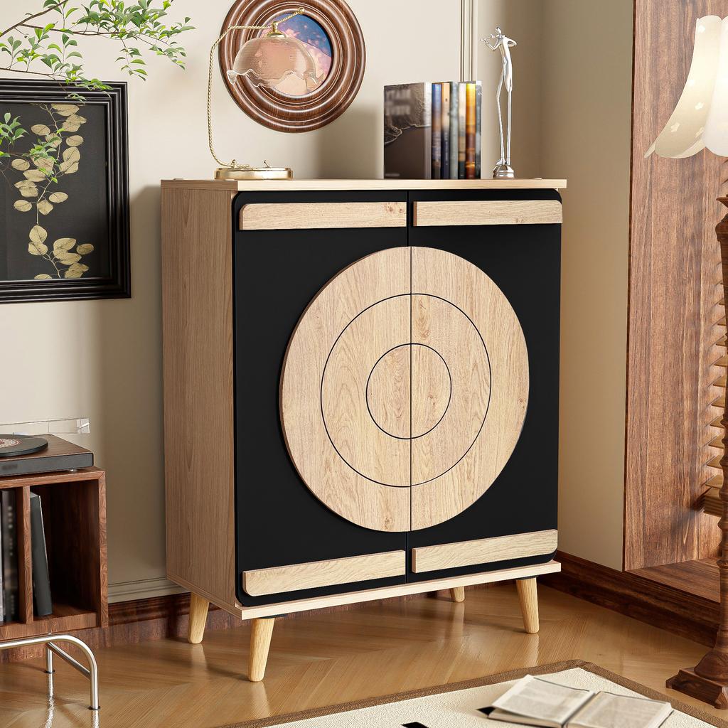 Modern Shoe Cabinet with Round, Geometric Doors, Multi-Level Storage, Sturdy Wooden Legs.