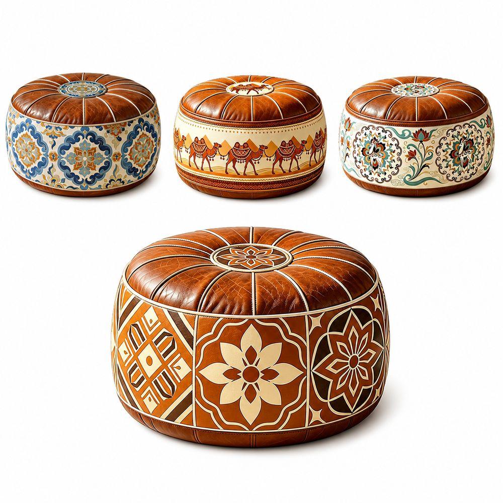 PU Leather Ottoman Pouf Boho Pattern Storage Ottoman Portable Footstool Cover Living Room