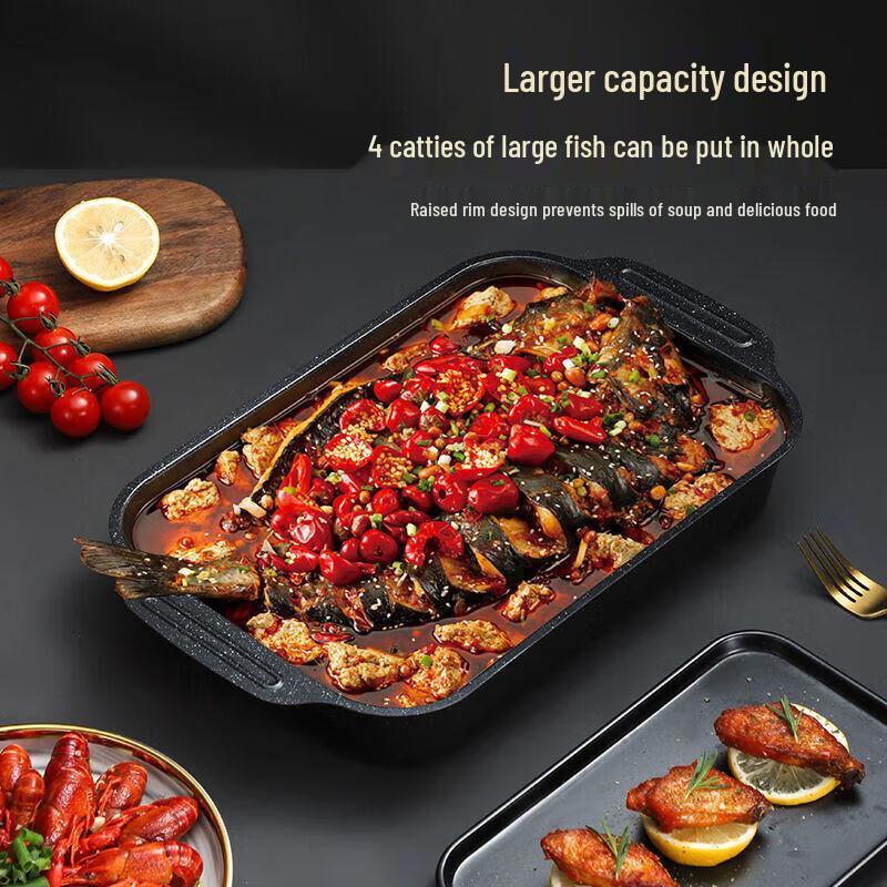Овальная сковорода для запекания рыбы из углеродистой стали с антипригарным покрытием и крышкой