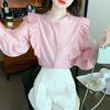 Рубашки повседневные женские с розовым грибковым краем и длинным рукавом, с оборками, винтажные, элегантные, женские блузки, топы, однотонные, модные, приталенные, женская одежда 26349