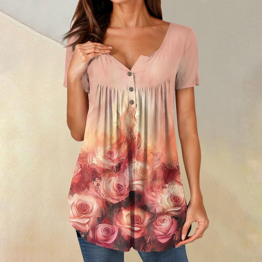 Women Tunic Tops Dressy Casual Summer Short Sleeve Shirts Loose Fit Pleated Boho Top