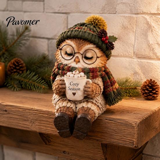Charming Seasonal Home Accessories Christmas Animal Shelf Sitter Figurine, Woodland Statue with Mug, Dangling Leg Warm Toned Tabletop Decor