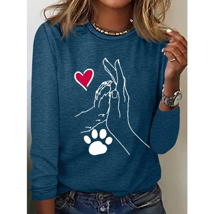 Round Neck 3D Printed Love Cat Footprint Pattern Top Fashionable Casual Long Sleeved Women's T-shirts