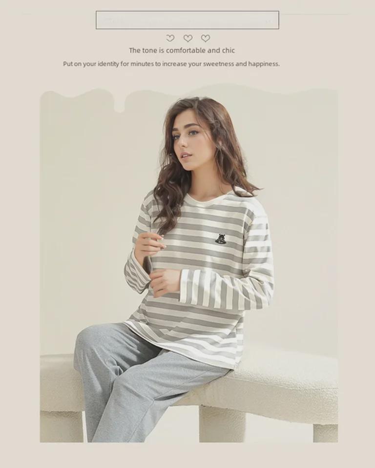 Женская осенняя пижама с длинными рукавами и рисунком из мультфильмов, с нагрудными накладками - тонкий хлопок для ношения в помещении и на улице весной, осенью и зимой