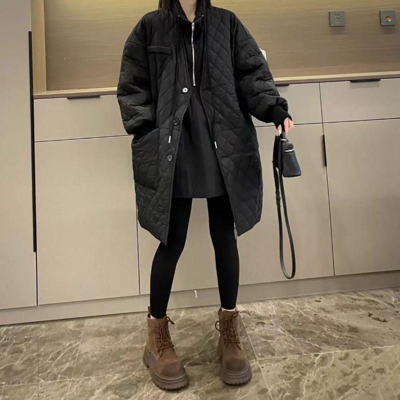 Зимнее длинное стеганое пальто свободного кроя для женщин, европейский плюс-сайз, ромбовидная стежка, нерегулярные карманы, корейский стиль