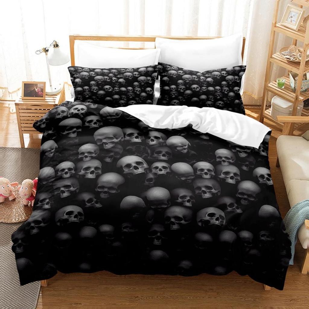 3D Printed Skull Head Bedding Set Halloween Themed Down Duvet Cover Pillowcases, 2/3 Pieces, Boys Room Horror Pattern Quilt Cover