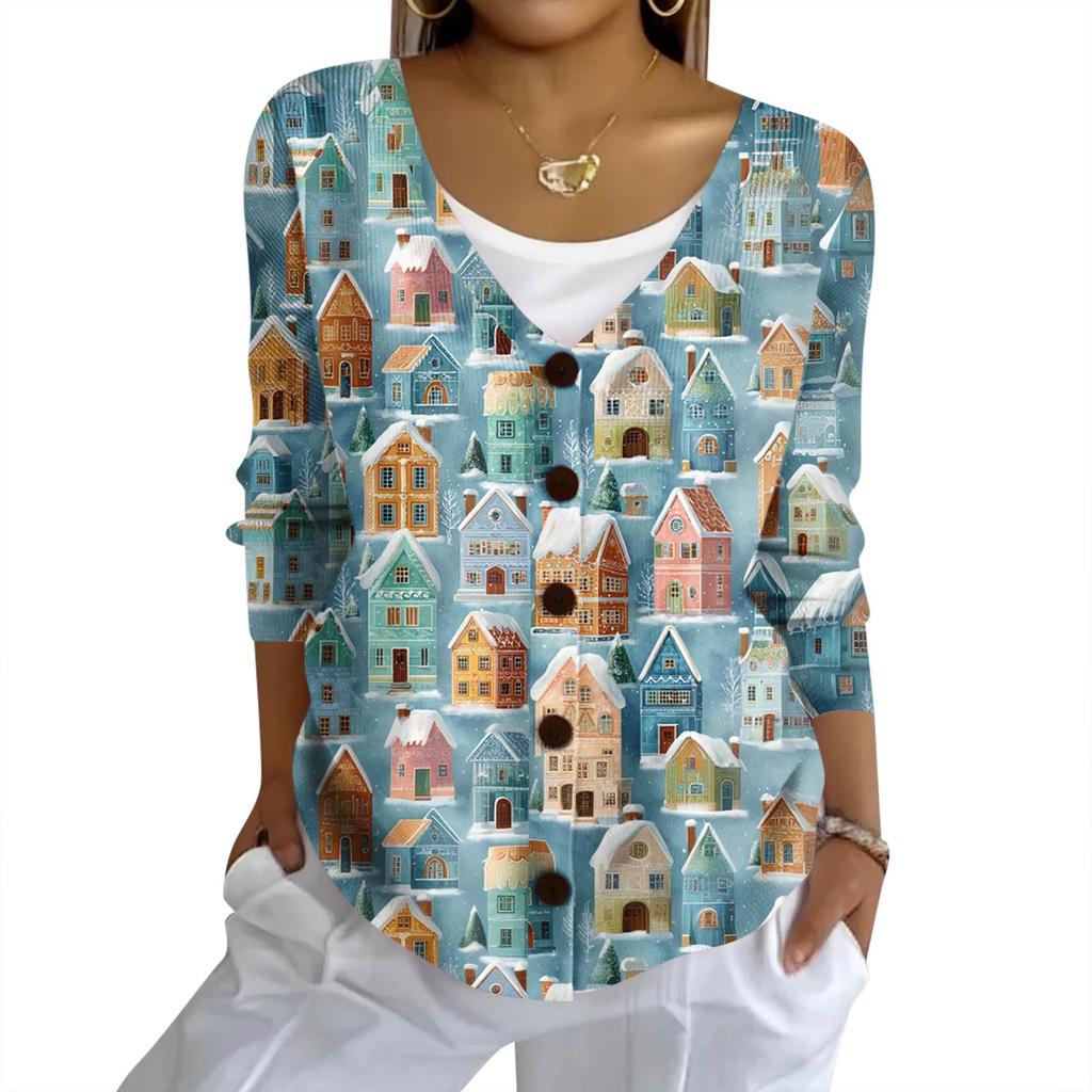 Women's Fashion Casual Knit Sweater Button-Up Christmas Print Cardigan Jacket