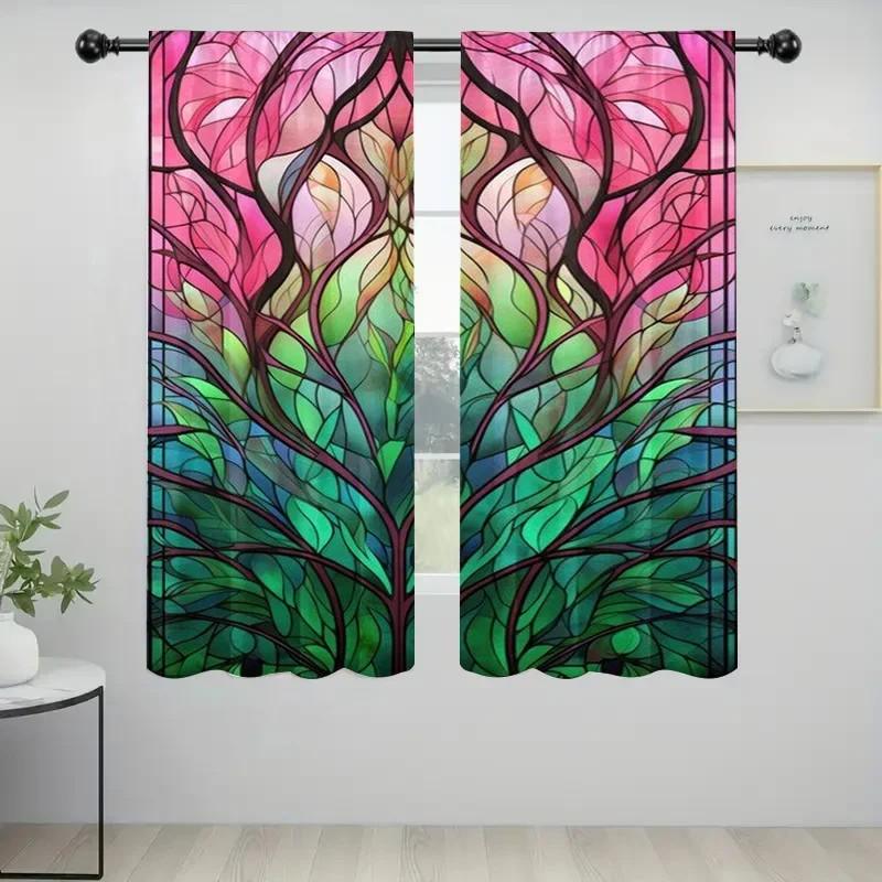 2pcs Floral Stained Glass Window Curtains Room Darkening Polyester Holiday Decor Home Decor Rod Pocket Curtains