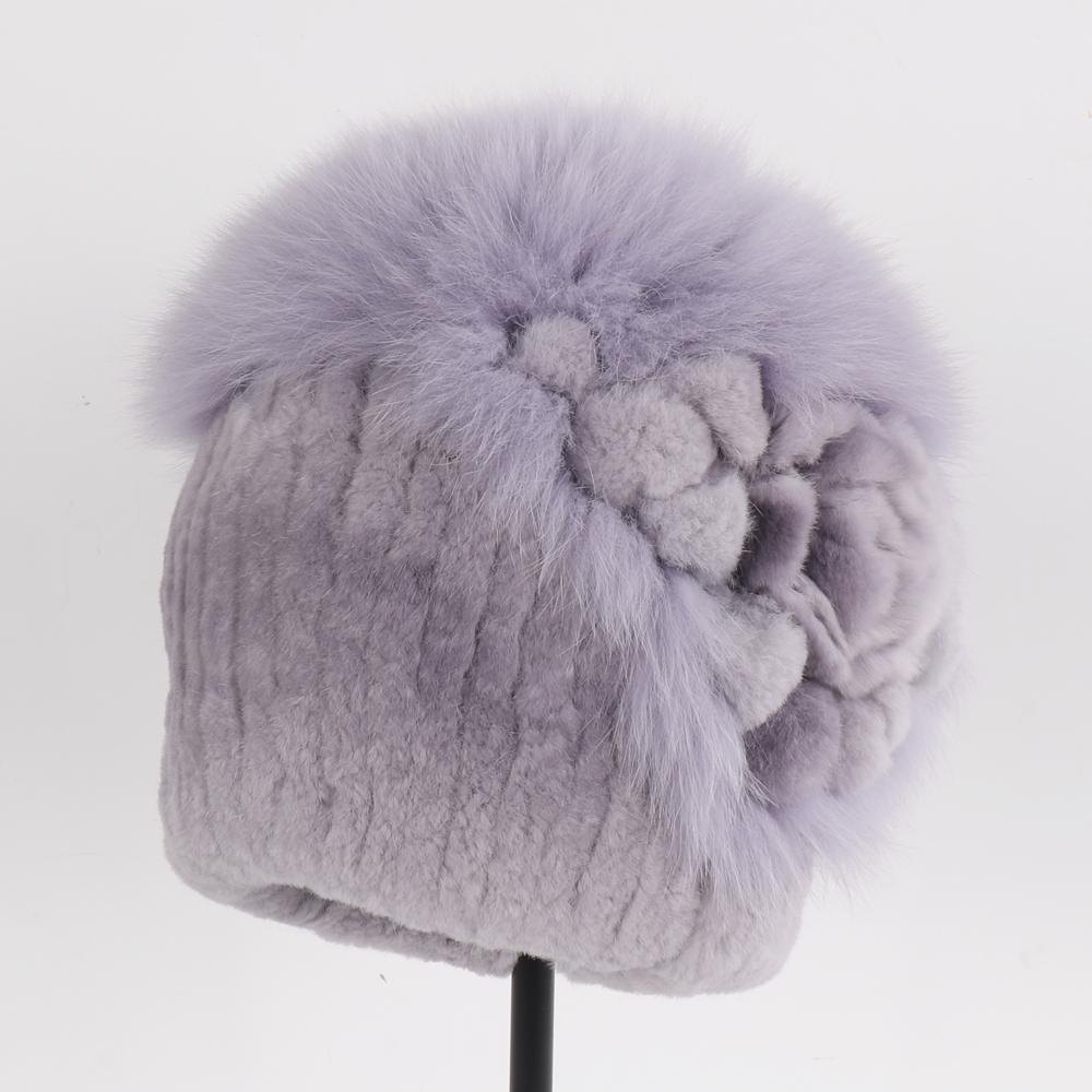 Luxury Warm Real Fox Fur Bomber Hat Female Winter Hand Knitted Real Rex Rabbit Fur Hats Women Outdoor Rex Rabbit Fur Flower Cap