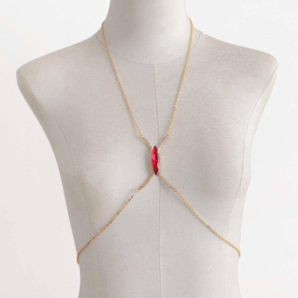 Rhinestone Bra Chest Chain Red Crystal Breast Chain Trendy Chest Support Body Chain Low-cut Dress