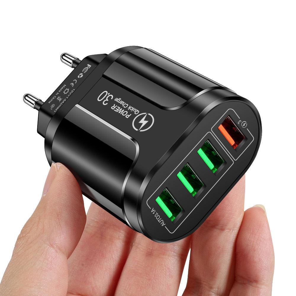 Быстрое USB-зарядное устройство на 4 порта с поддержкой QC3.0 и светодиодной индикацией, с вилками US/EU/UK
