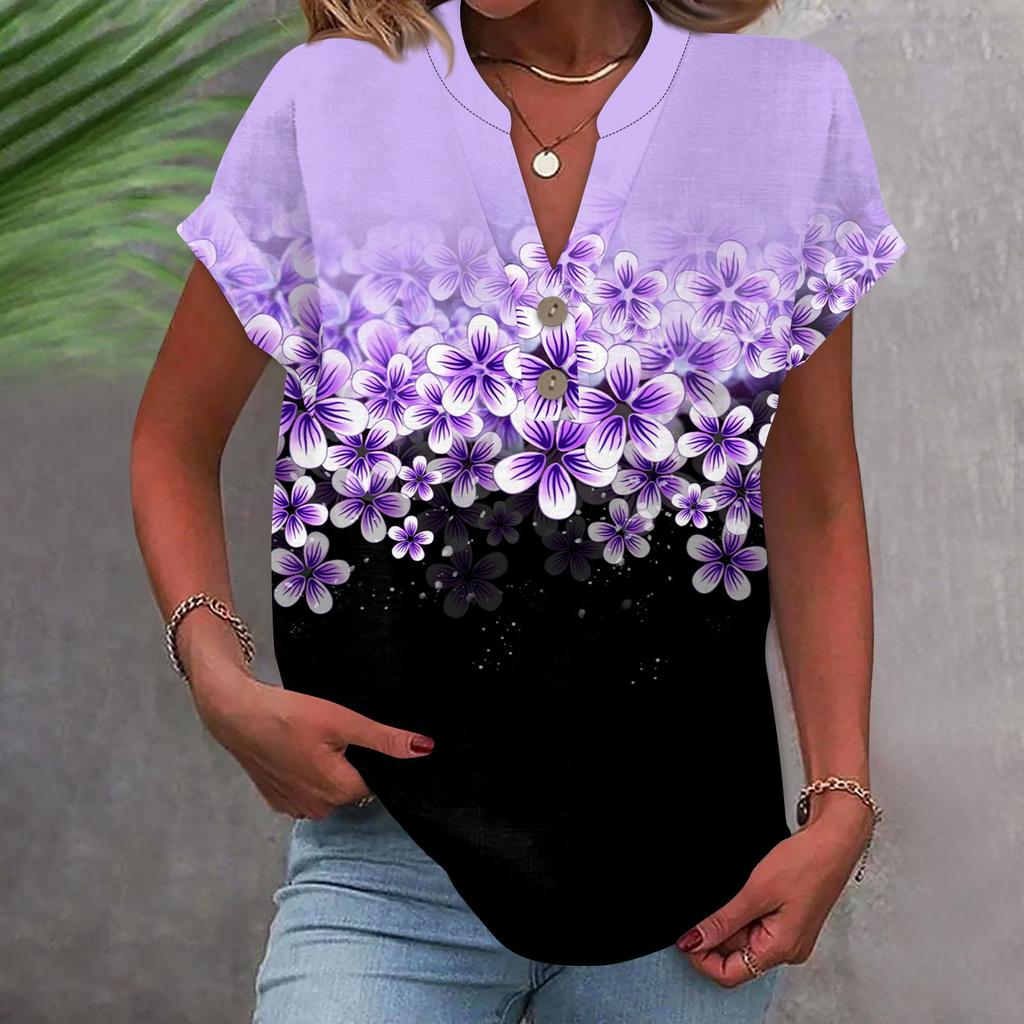 Женская модная повседневная рубашка с v-образным вырезом и коротким рукавом с принтом, футболка на пуговицах, топ