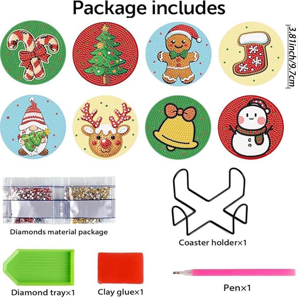 8 штук/набор подставок с рождественским узором, расписанных алмазной мозаикой, сделай сам подставки с держателями, подходят для начинающих и взрослых, подарки для рукоделия