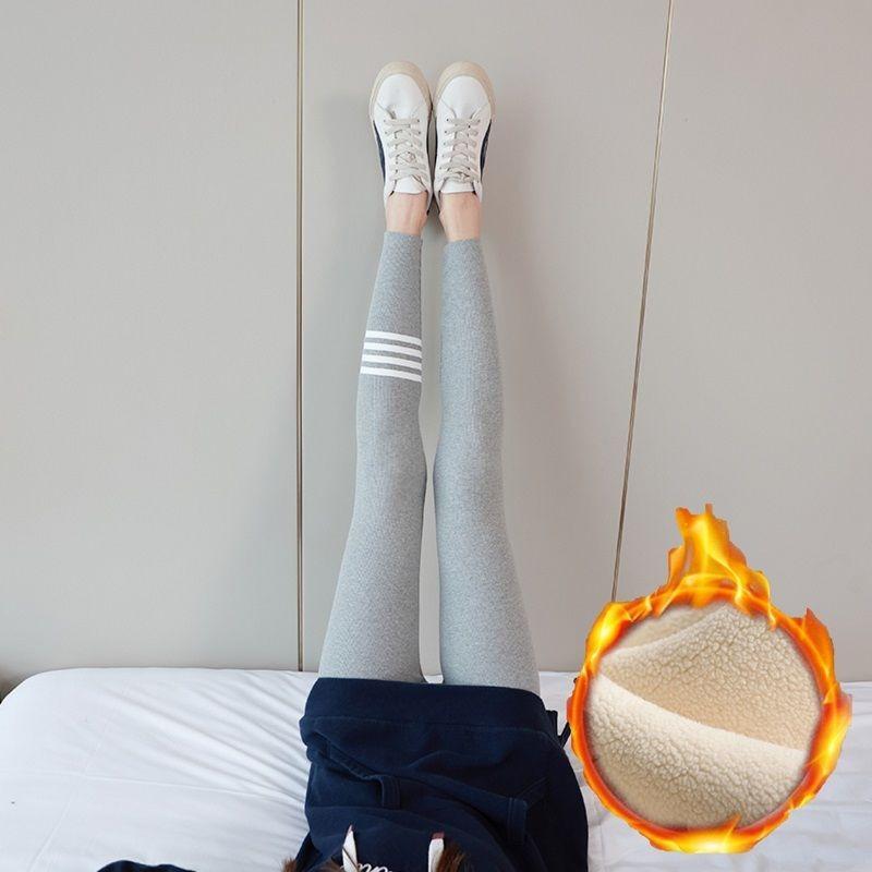 Quality Four White Strips Gray Leggings Women's Outer Wear Trousers High Waist Long Johns Piled Thickened Winter Cotton Pants