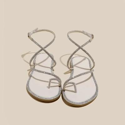 Модные женские сандалии на плоской подошве со стразами, универсальные женские туфли с ремешком на щиколотке и пряжкой, с застежкой на носке, женские сандалии Zapatos De Mujer