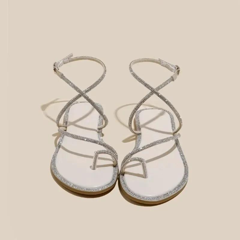 Модные женские сандалии на плоской подошве со стразами, универсальные женские туфли с ремешком на щиколотке и пряжкой, с застежкой на носке, женские сандалии Zapatos De Mujer