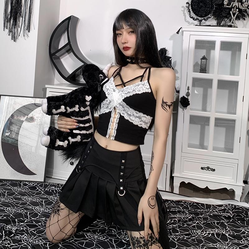 Готическая фея гранж кружева ажурные топы эстетичные сексуальные черные бретельки спагетти укороченные топы с открытой спиной Y2K уличная одежда панк топы