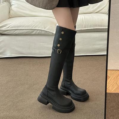 Зимние женские сапоги выше колена 2024 года, однотонные слипоны для женщин, элегантные сапоги на толстой подошве, короткие плюшевые женские туфли