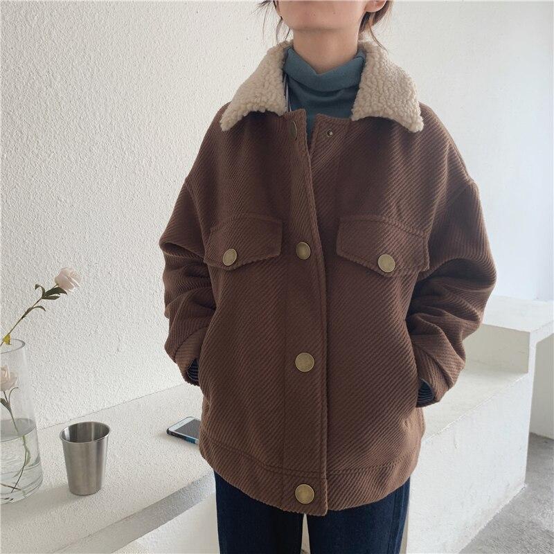 Turn-down Collar Women Jackets Autumn Winter Soft Warm Outerwear Oversize Wool Blends Pockets Short Coat