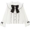 Japanese Kawaii Lapel Neck Bow Shirts Women Summer Short Sleeve Lace Lolita Blouses Y2k Grunge Heart Button Blusas Mujer