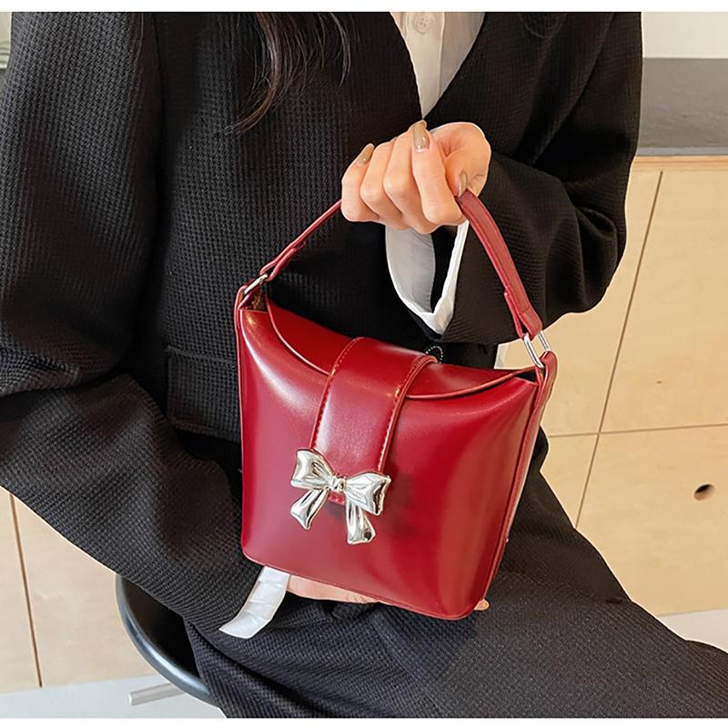 Bow Design Sense Red Bucket Bag Korean Style Light Luxury Fashion High Quality Casual Crossbody Bag Women's New Pop Shoulder Bag