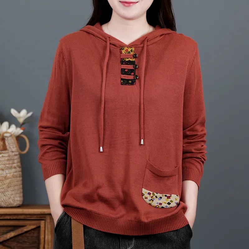 Retro Cotton Long-sleeved Sweater Women's Spring and Autumn Hooded Sweater Loose Sweater