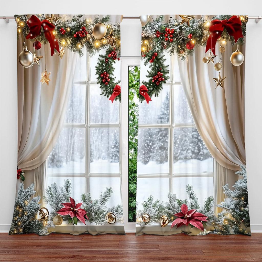 2pcs Christmas Window Printed Curtain for Christmas Home Decor - Rod Pocket Window Treatment for Bedroom, Office, Kitchen