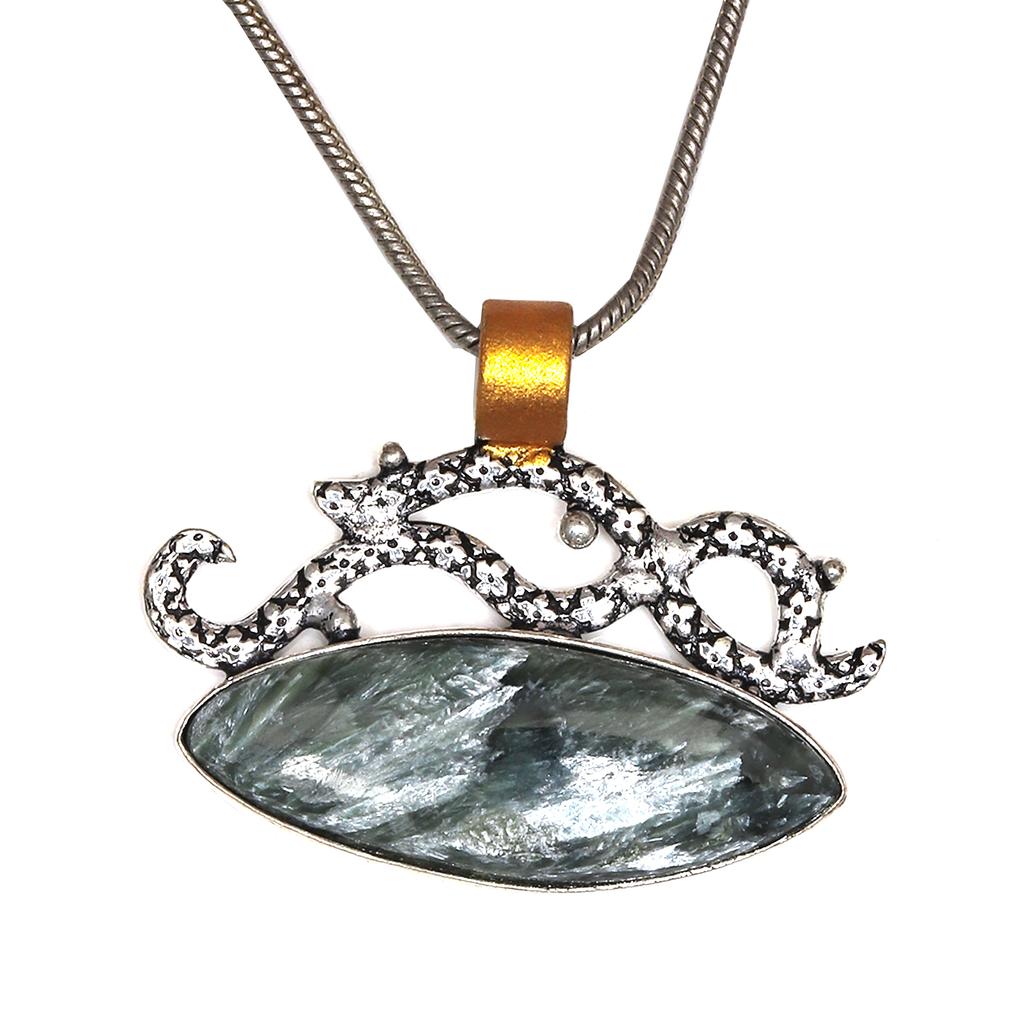 Seraphinite Gemstone Mother's Day Handmade Silver Jewelry Pendant  1.5"