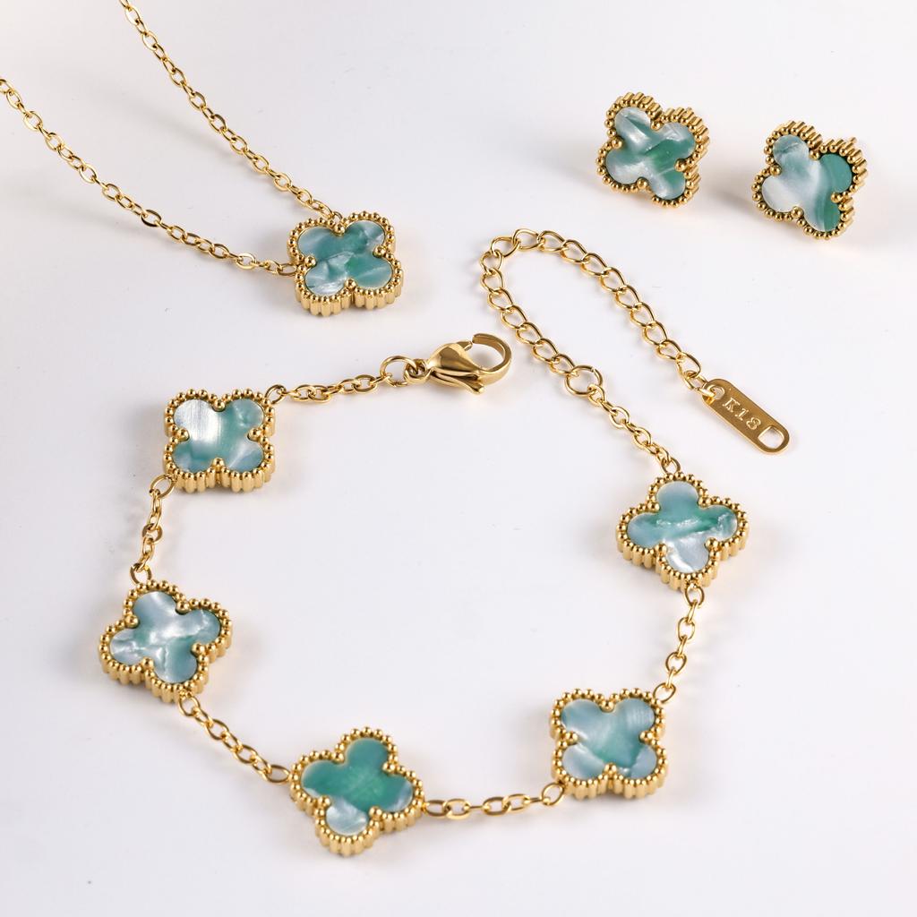 3PCS Clover 18K Gold Plated Non Fading Necklace, Bracelet, Earrings, Jewelry Set