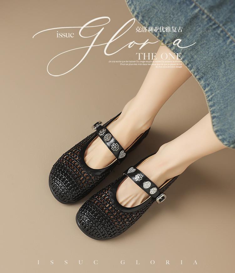 2026 Spring New Knitted Single Shoes Women's Hollow out Versatile Coarse Heel Mary Jane Shoes New Breathable Single Shoes
