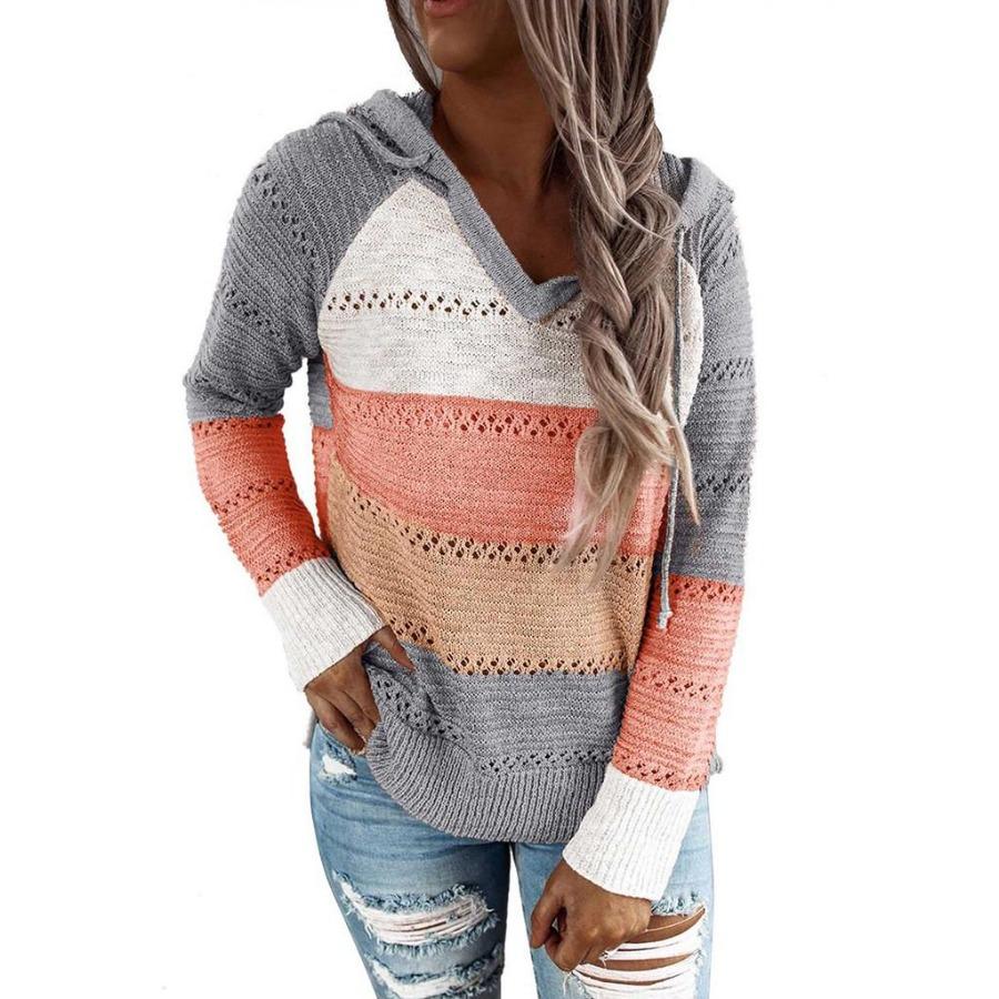 Fashion Women Casual Patchwork V-Neck Long Sleeves Hooded Sweater Blouse Tops