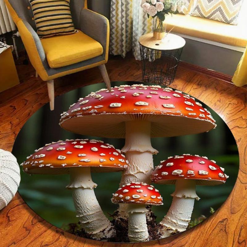 Illustration Style Mushroom Round Rug Mushroom Pattern Home Decor Carpet Soft Non-Slip Floor Mat for Living Room Bedroom