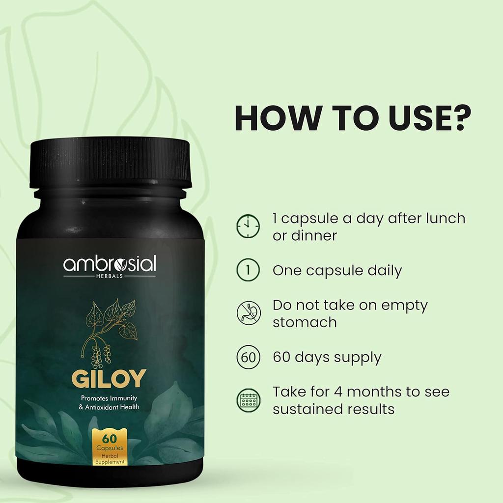 Таблетки Ambrosial Giloy 500 мг | Натуральный экстракт Giloy Guduchi, антиоксидантные свойства, усилитель иммунитета (Упаковка 1-60 капсул)