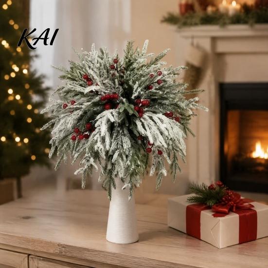 Decorative Floral Arrangements for Party 20Pcs Christmas Norfolk Pine Picks, Flocked Snow Branches with Tabletop Plant Ornaments Home Red Berries,