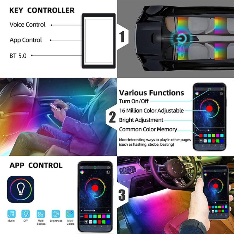 Автомобильный атмосферный свет Автомобильный интерьерный RGB-свет Окружающий свет для ног Водонепроницаемый Регулировка яркости Декоративная лампа