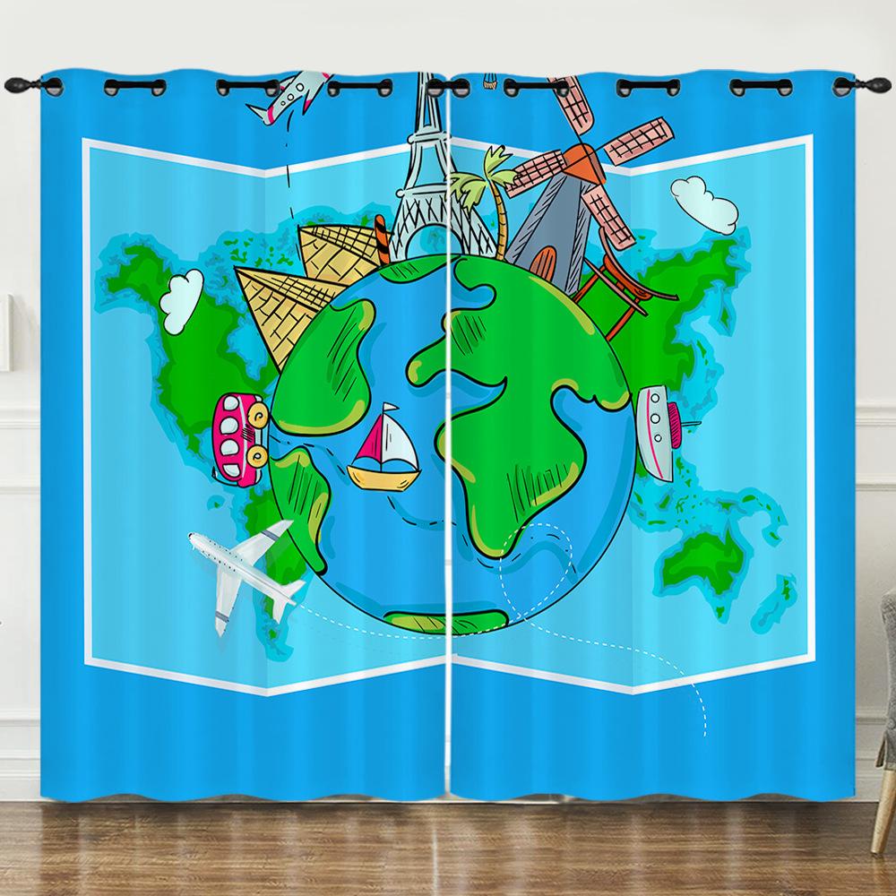 Curtain Hand-Drawn Map Simple Wind 3D Digital Printing Blackout Curtain Punching