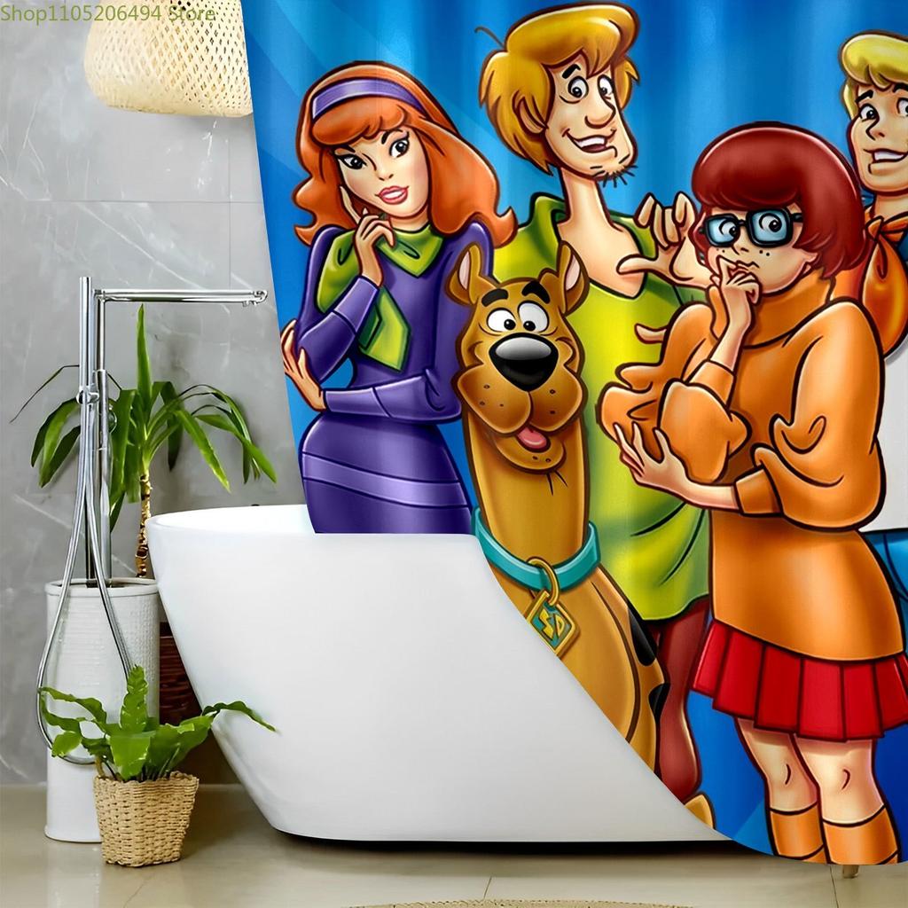 1 шт. Шторка для душа WB Scoob с крючками - Полиэстер, можно стирать в машине, Милый дизайн с мультяшным персонажем, Яркий синий фон,