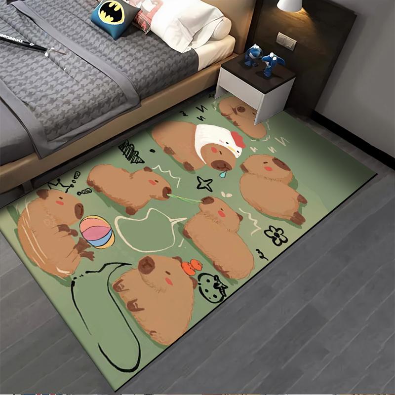 Cartoon Capybara Pattern Carpet, Green Background Kids Room Rug Suitable for use as an anti-slip for living room bedroom sofas