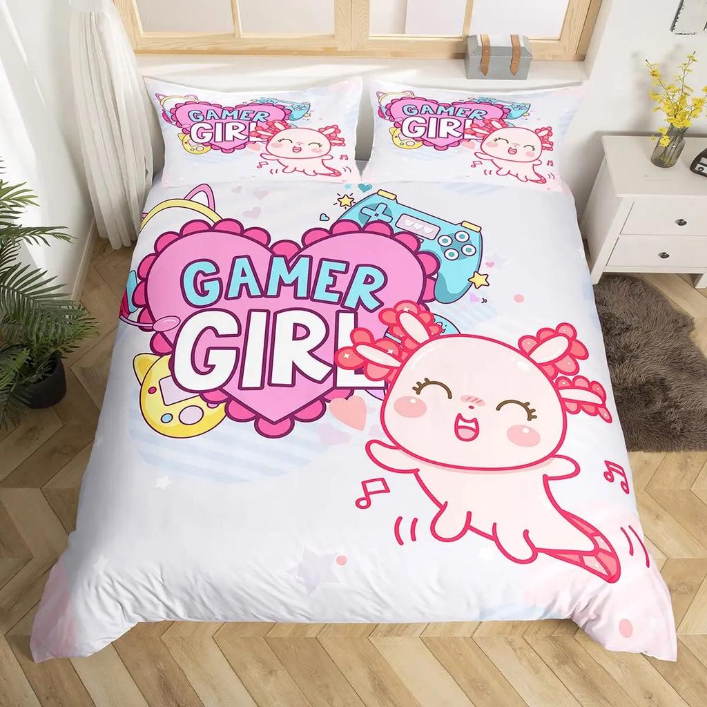 Axolotl Duvet Cover Set Pink Newt Wildlife Comforter Cover With Pillowcases Cartoon Octopus Animal Kawaii Style Twin Quilt Cover