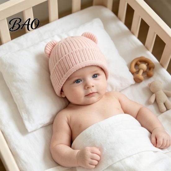 Baby Windproof Headgear for Autumn Knitted Hat, Cute Bear Ear Winter Warm Stretchy Soft Elastic Knit Hat Babies Cozy Skull Cap Newborn Infant Toddler