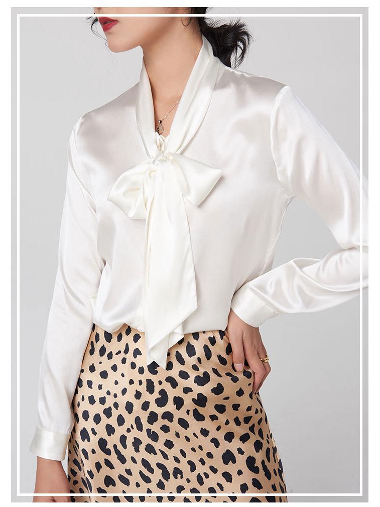 Heavyweight Mulberry Silk V-Neck Bow Blouse - Women's Long Sleeve Shirt for Autumn & Spring