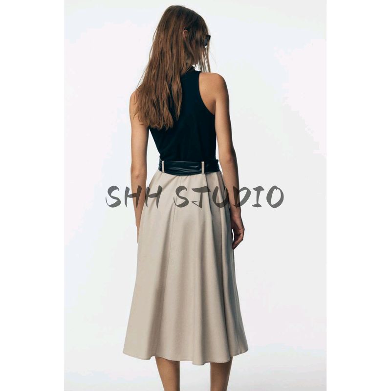 Autumn New Women clothes French style Commuter Ol Stand Collar Sleeveless Contrast Color Patchwork Belt Dress 0387156