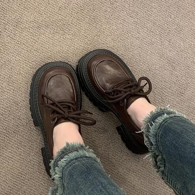 Лоферы на толстой подошве, увеличивающие рост, женские 2025 новые весенне-осенние женские туфли на шнуровке с круглым носком, популярные британские маленькие кожаные туфли