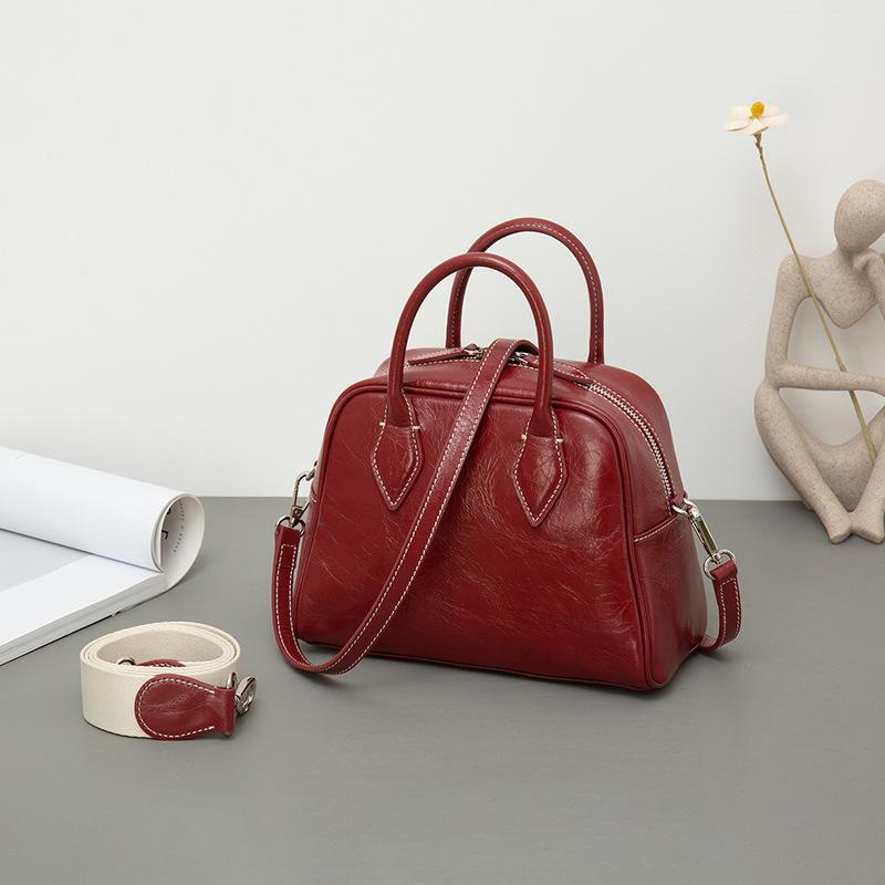 Niche First-Layer Cowhide Boston Pillow Bag Single Shoulder Crossbody Portable Leather Women's Bag Tide