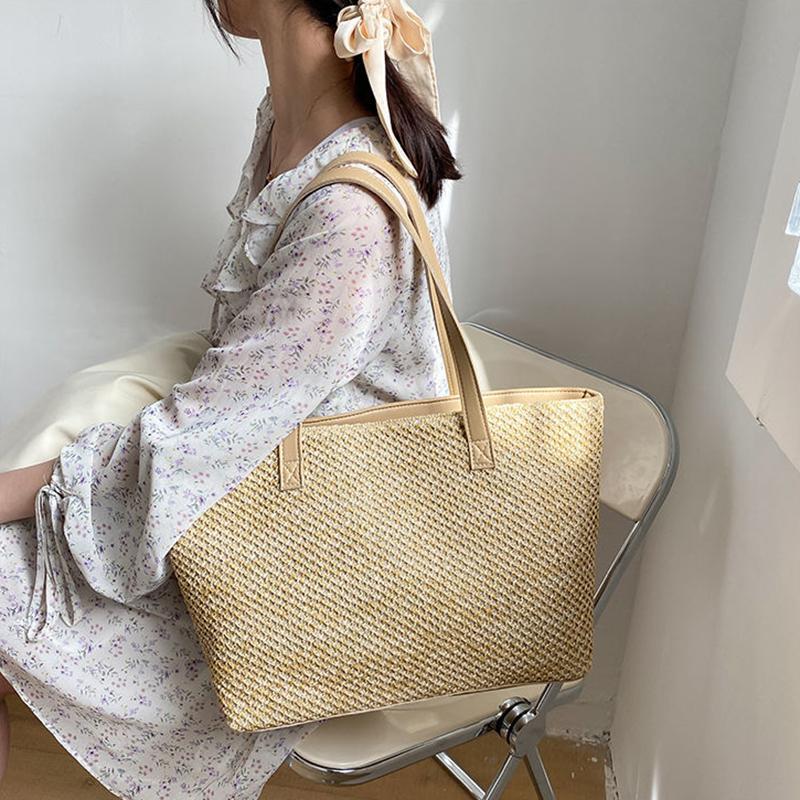 Yogodlns Летняя соломенная сумка, женская большая вместительная плетеная сумка-тоут, пляжная сумка ручной работы из ротанга, женская соломенная сумка на плечо для отпуска, сумка