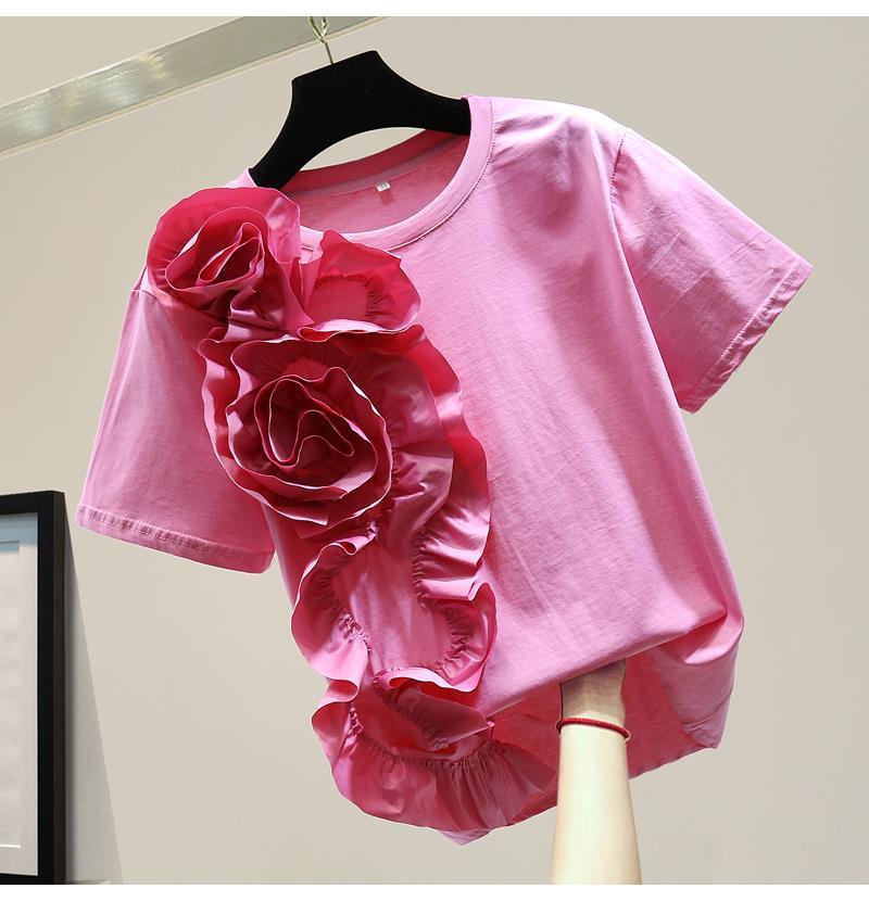 Летний женский свободный приталенный топ с 3D цветочной лоскутной отделкой и оборками, 2023