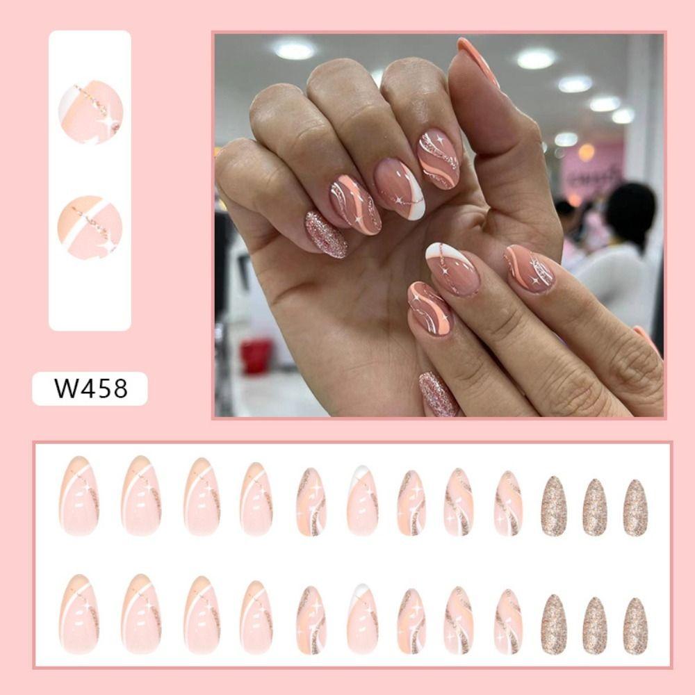 24pcs Nail Tips Press On Nails Fake Nials False Nails Wavy French Long Almond