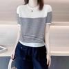 Women Summer T Shirt Vintage Striped Short Sleeve Korean Fashion Round Neck Patchwork Tunics Casual Knitted