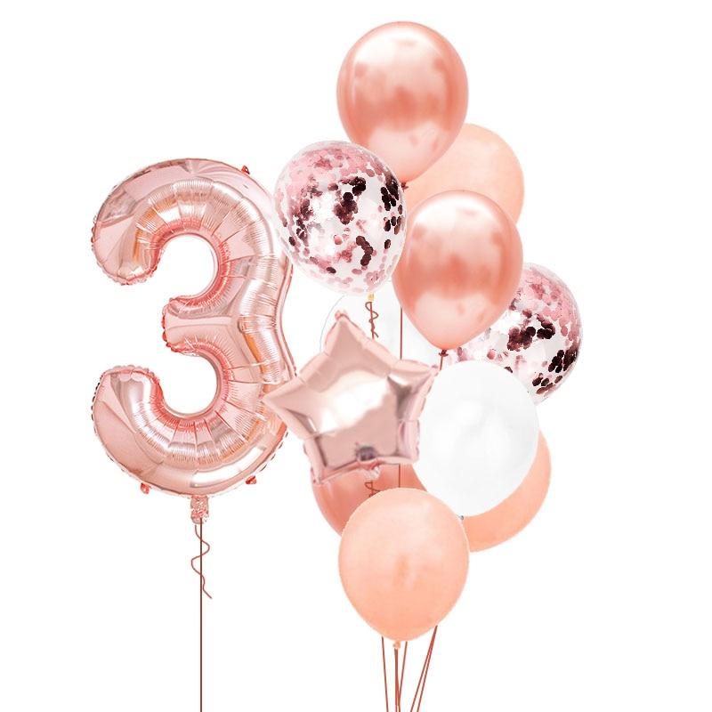 12 шт., номер из фольги, розовое золото, латексные шары, украшение для дня рождения, для детей, для маленьких девочек, 1st, 1, 2, 3, 4, 5, 6, 7, 8, 9, один год