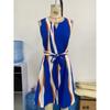 Women's Temperament Holiday Style Striped Slim Dress Tie Belt Split Neck A-Line Vest Skirt